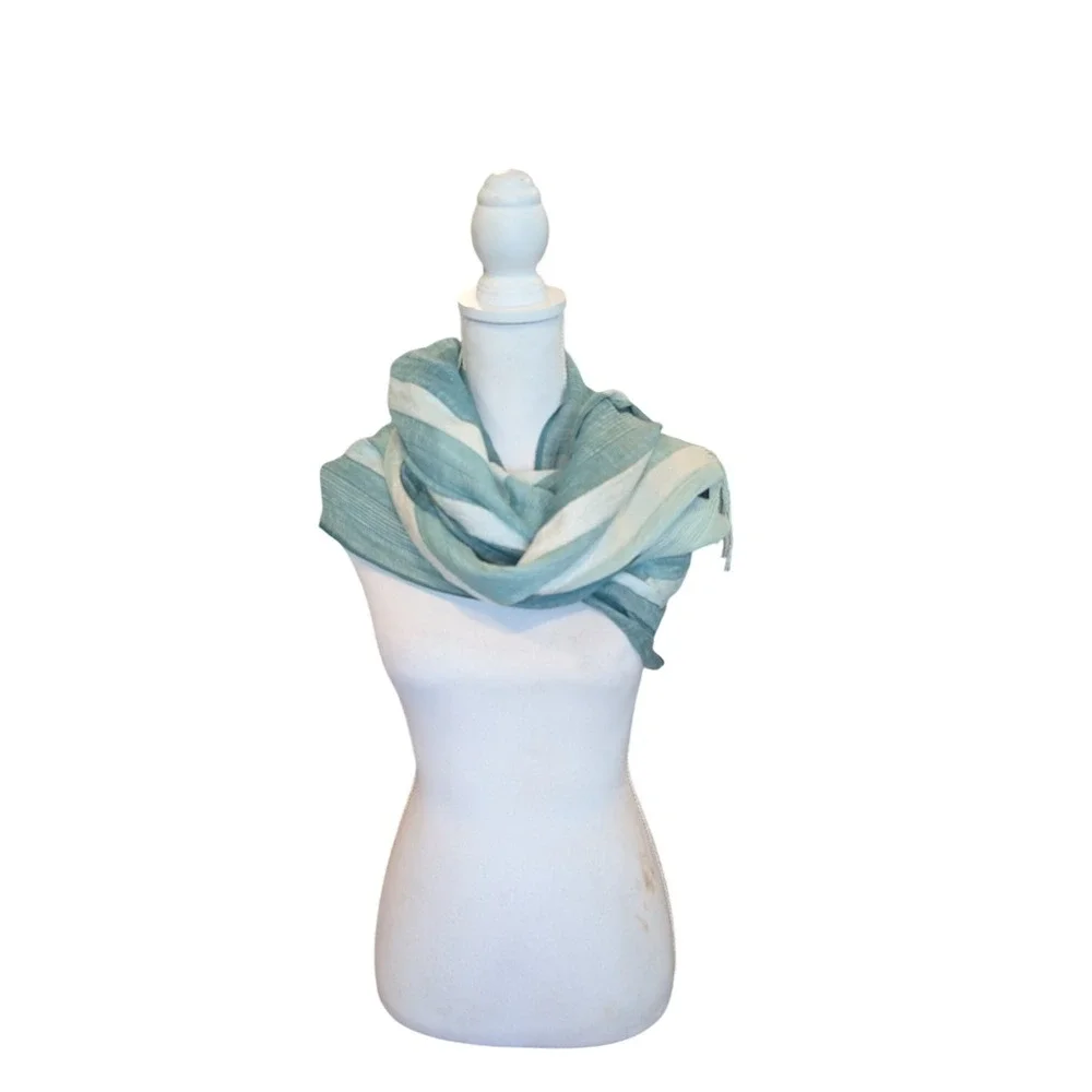 Cejon Scarf Womens Teal White Striped Linen Blend Metallic Shimmer Fringe Tassel